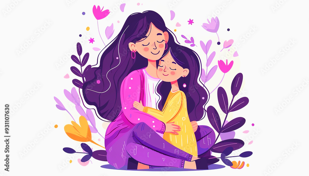 A Mother and Daughter Embrace Surrounded by Floral Motifs A Mother and Daughter Embrace Surrounded by Floral Motifs