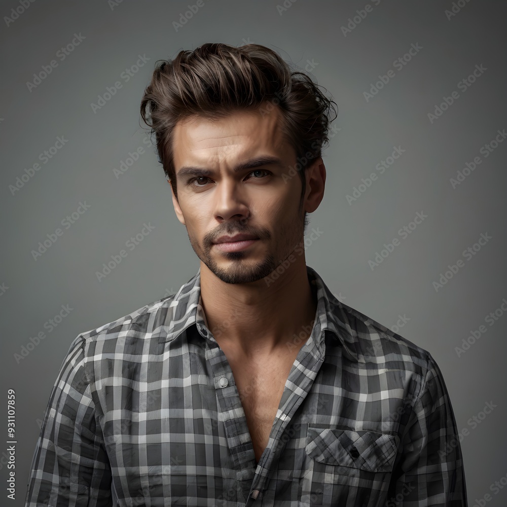 Portrait of smiling man in green checked shirt isolated on gray studio background posing to the camera, Portrait of a relaxed young man with checkered shirt, Portrait of handsome man with beard Portrait of smiling man in green checked shirt isolated on gray studio background posing to the camera, Portrait of a relaxed young man with checkered shirt, Portrait of handsome man with beard