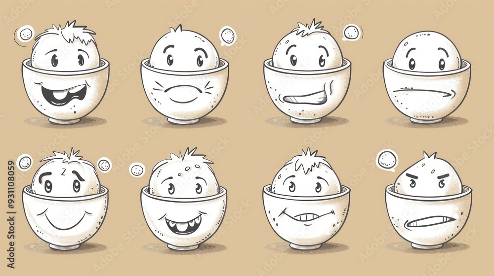 Eight cartoon faces inside bowls, each with a different expression. Eight cartoon faces inside bowls, each with a different expression.