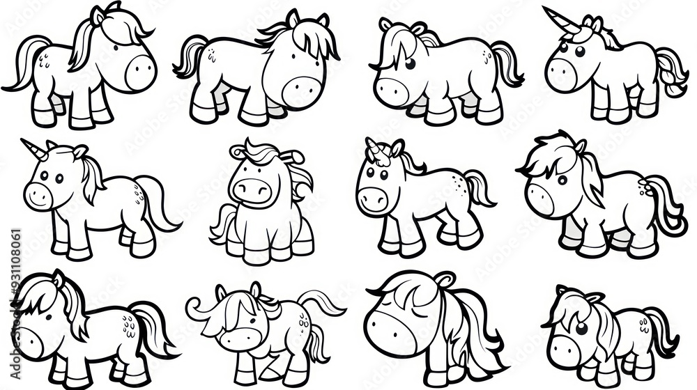 Obraz premium Cute unicorn illustrations in black and white for coloring.