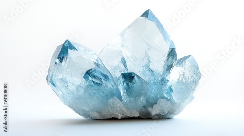 A centered aquamarine crystal on a white background, with its pale blue color and transparent structure.