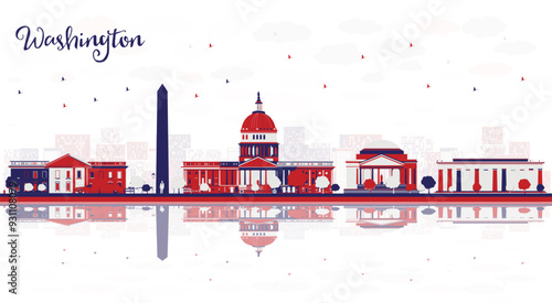 Washington DC city skyline with color buildings and reflections. Cityscape with landmarks.