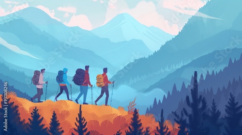 A group of four people are hiking up a mountain