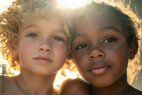 A group of children are playing happily in the sun. Children of different skin colors and nationalities are suitable for education and peace, showing strong tolerance.