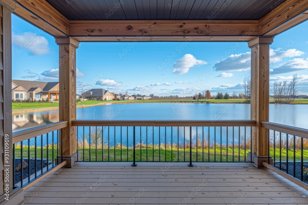 Stunning lake view from a covered porch with wooden railings in a newly constructed home for sale, near a park green area. Real estate concept. Stunning lake view from a covered porch with wooden railings in a newly constructed home for sale, near a park green area. Real estate concept.