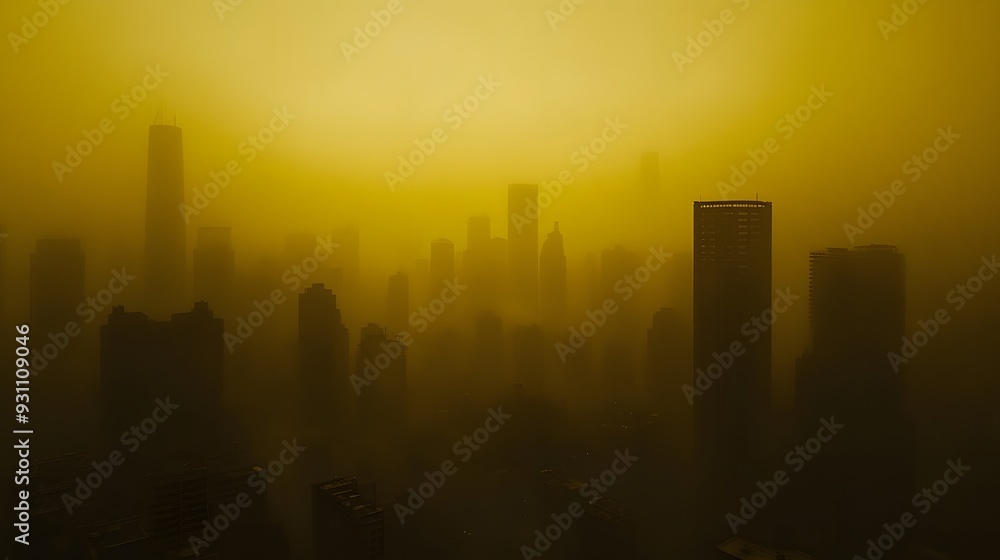 25. A dramatic image of a city skyline obscured by a toxic, yellowish haze 25. A dramatic image of a city skyline obscured by a toxic, yellowish haze