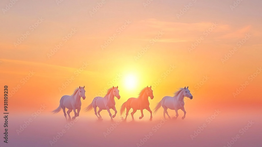 Majestic wild horses running in sunset Majestic wild horses running in sunset