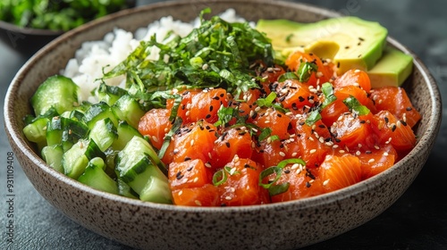 A spicy tuna poke bowl with avocado cucumber and s  528 salad, food, meal, vegetable, tomato, healthy, dinner, fresh, plate, lettuce, vegetables, green, dish, diet, lunch, meat, white, appetizer, vege photo