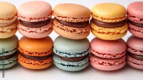 A stack of colorful macarons isolated on white bac 234 macaroon, food, dessert, macaron, french, sweet, cake, macaroons, biscuit, colorful, cookie, isolated, snack, pink, delicious, white, color, pas