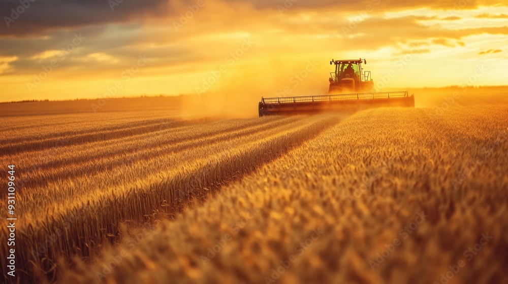 Fototapeta premium A wheat harvester cutting through a golden field at sunset, dust kicking up behind it. The vast sky creates an expansive backdrop of serenity and productivity.