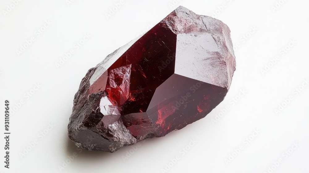 A centered garnet crystal on a white background, highlighting its deep red color and faceted structure. A centered garnet crystal on a white background, highlighting its deep red color and faceted structure.