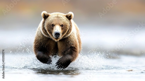 Majestic brown bear catching salmon in river