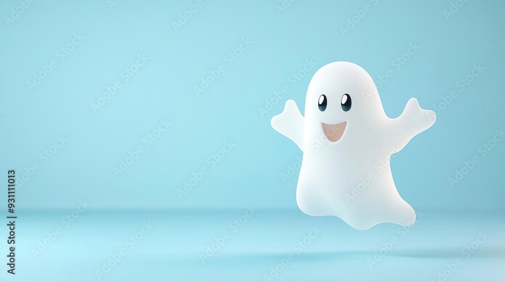 Cute cartoon ghost with big eyes and a smile floating against a blue background. Cute cartoon ghost with big eyes and a smile floating against a blue background.