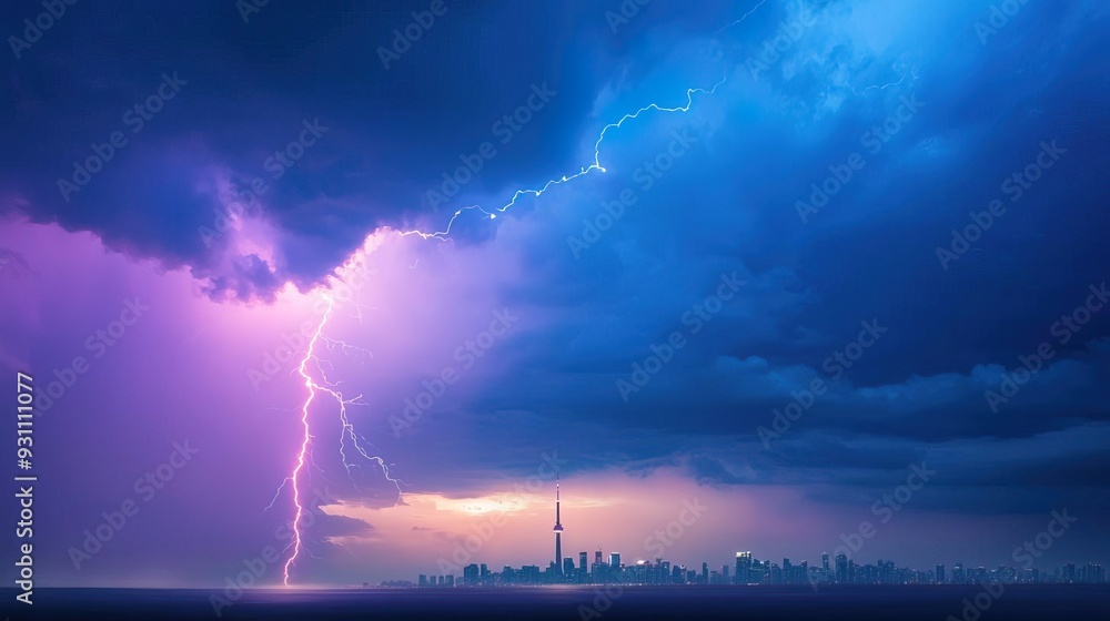 Lightning strike over city skyline during a dramatic thunderstorm. Lightning strike over city skyline during a dramatic thunderstorm.