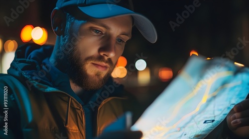 Delivery Worker Examining Map or GPS on Mobile Device photo