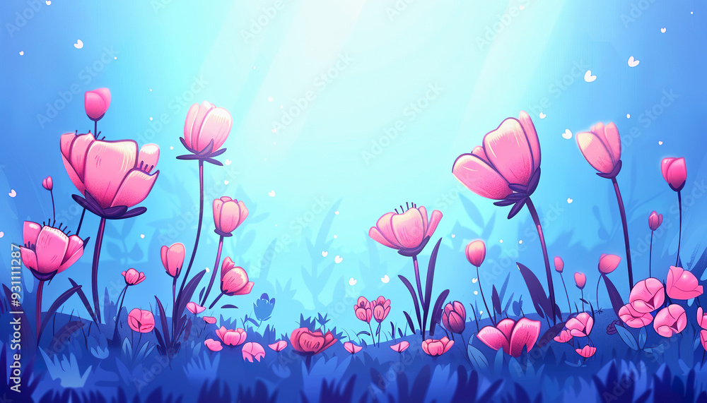Pink Flowers in a Field with a Blue Sky Pink Flowers in a Field with a Blue Sky