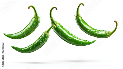 Flying Sliced Green Hot Chili Peppers Isolated on White Background, Fresh and Spicy, Dynamic Food Photography ©  Mohammad Xte