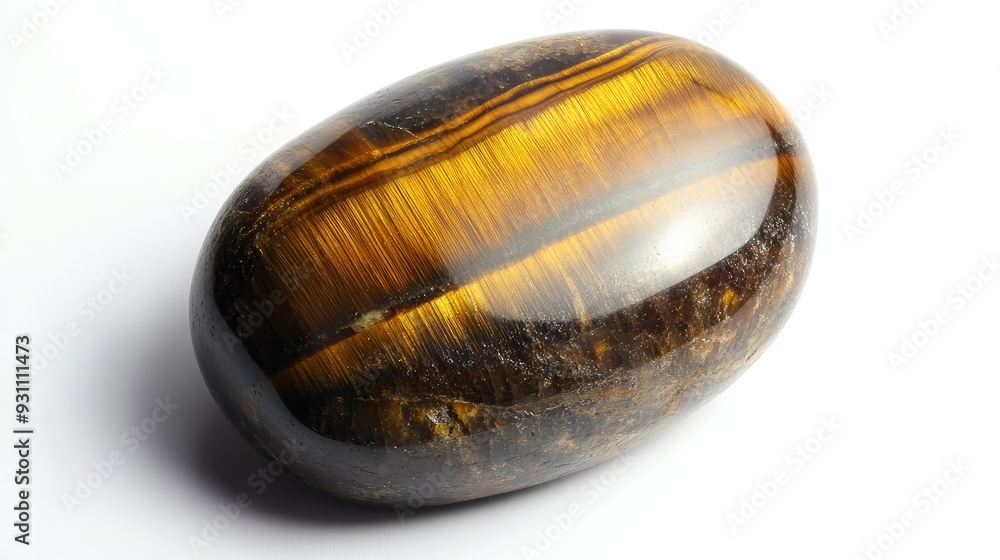 A centered tiger eye stone on a white background, with its golden-brown hues and reflective bands. A centered tiger eye stone on a white background, with its golden-brown hues and reflective bands.