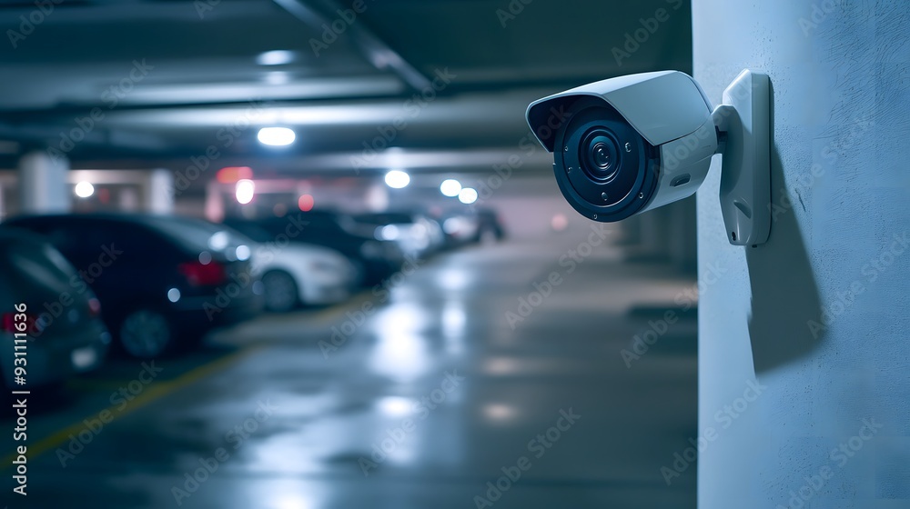 Outdoor white security camera mounted on a wall overseeing parked cars in a parking garage, captured from behind, emphasizing surveillance and protection in a secure parking environment Outdoor white security camera mounted on a wall overseeing parked cars in a parking garage, captured from behind, emphasizing surveillance and protection in a secure parking environment