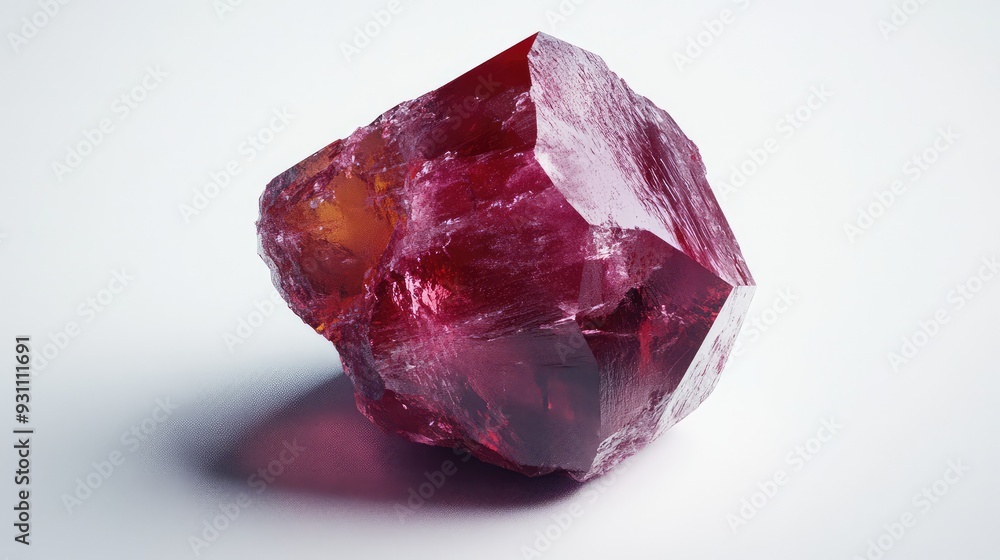 A centered ruby crystal on a white background, showcasing its rich red color and polished surface. A centered ruby crystal on a white background, showcasing its rich red color and polished surface.