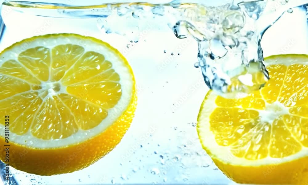 Two fresh lemon slices float in clear water, partially submerged, with air bubbles forming on the surface. The vibrant yellow of the lemon contrasts against the translucent liquid, creating a refreshi Two fresh lemon slices float in clear water, partially submerged, with air bubbles forming on the surface. The vibrant yellow of the lemon contrasts against the translucent liquid, creating a refreshi