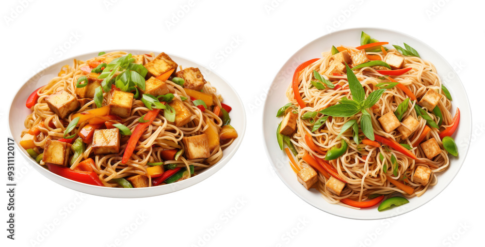 Delicious plate of tofu and vegetable noodles ,side and top view, isolated on a transparent background ,PNG Delicious plate of tofu and vegetable noodles ,side and top view, isolated on a transparent background ,PNG