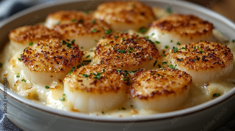 Baked scallops in a creamy garlic sauce with a gol 330 Baked scallops in a creamy garlic sauce with a gol 330