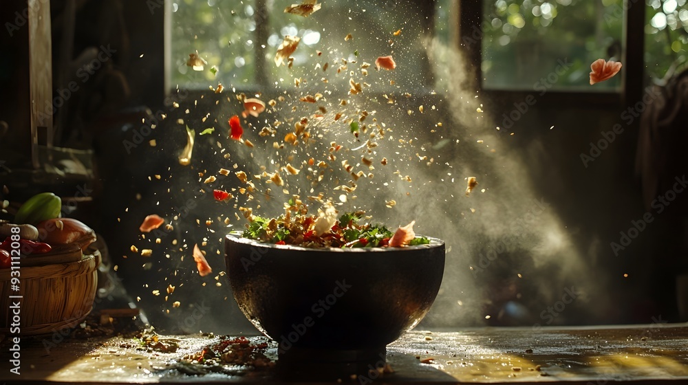 Explosive Som Tam Papaya Salad Ingredients Suspended in Air Caught by Sunlight Explosive Som Tam Papaya Salad Ingredients Suspended in Air Caught by Sunlight