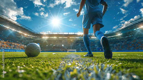 A football player, Kicking the ball at the penalty spot. In front of you a football goal and a goalkeeper. Blue shirt, football stadium. Generative AI. photo