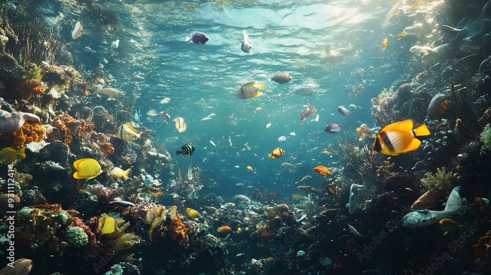 Fototapeta premium 20. An underwater scene with toxic waste and pollution affecting marine life