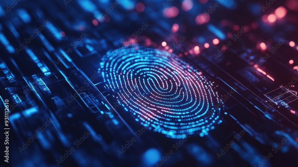 © MakoPoko - Abstract fingerprint illustration on a futuristic digital interface background, highlighting the concept of identity and security.