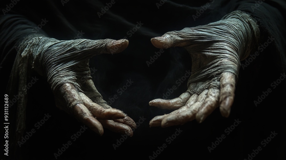 Bound by Fate: A pair of weathered, bandaged hands emerge from the darkness, their gnarled fingers outstretched in a gesture of both vulnerability and defiance. The stark contrast of light and shadow Bound by Fate: A pair of weathered, bandaged hands emerge from the darkness, their gnarled fingers outstretched in a gesture of both vulnerability and defiance. The stark contrast of light and shadow