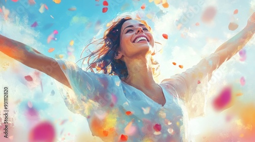 Happy woman concept represented by an abstract illustration of joy and positivity, expressed through soft colors and shapes.