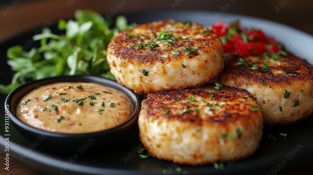 Crab cakes served with a side of remoulade sauce a 242 food, meal, meat, dinner, chicken, plate, dish, fried, pork, lunch, grilled, salad, fish, closeup, vegetable, healthy, gourmet, cuisine, delicio Crab cakes served with a side of remoulade sauce a 242 food, meal, meat, dinner, chicken, plate, dish, fried, pork, lunch, grilled, salad, fish, closeup, vegetable, healthy, gourmet, cuisine, delicio