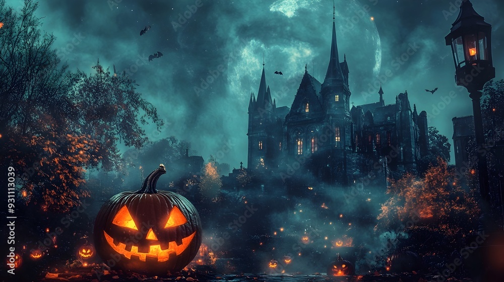 Haunting Halloween Gothic Scene with Pumpkin Skull and Ominous Atmosphere Haunting Halloween Gothic Scene with Pumpkin Skull and Ominous Atmosphere