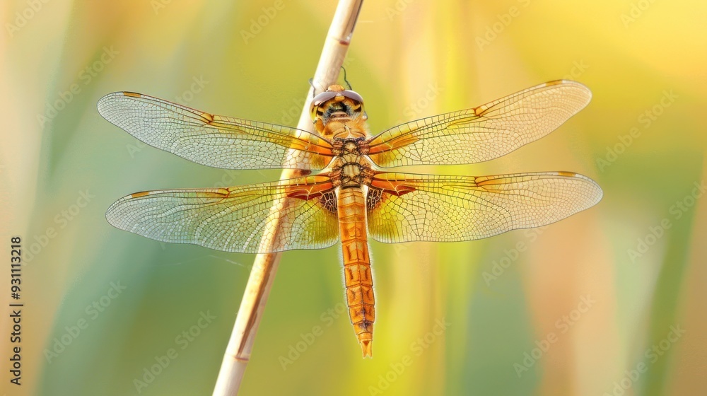 Close-up of a dragonfly with translucent wings perched on a thin stem. Close-up of a dragonfly with translucent wings perched on a thin stem.