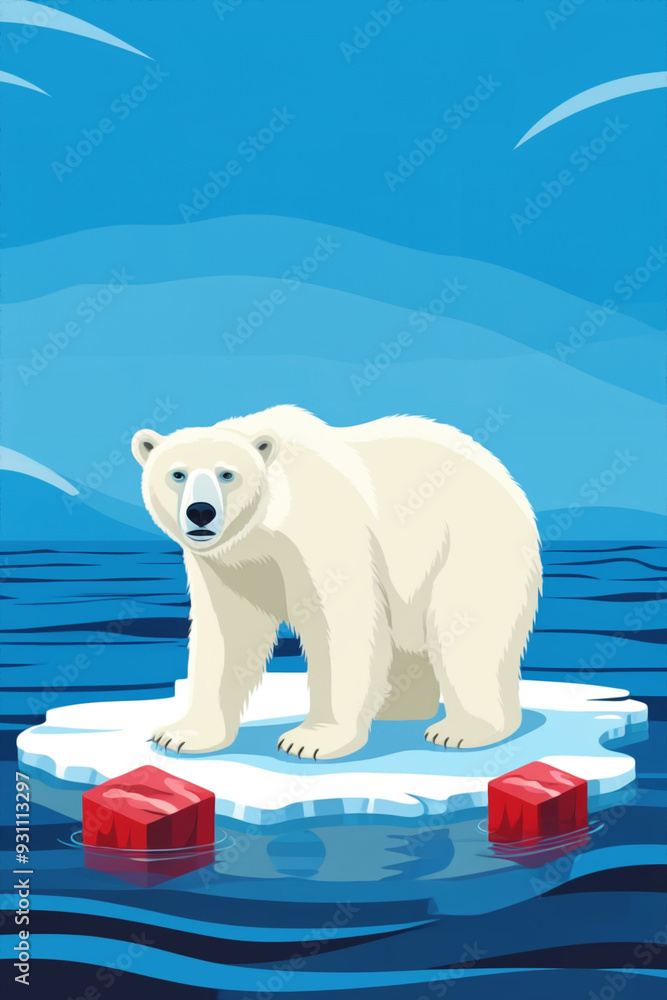 Fototapeta premium Depiction of a polar bear standing on melting glacier and ice sheet, highlighting the impact of global warming and climate change, illustrates the urgent environmental crisis.