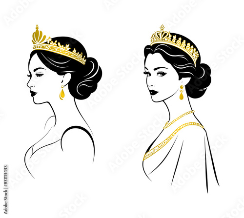 beautiful queen with gold crown - cartoon style