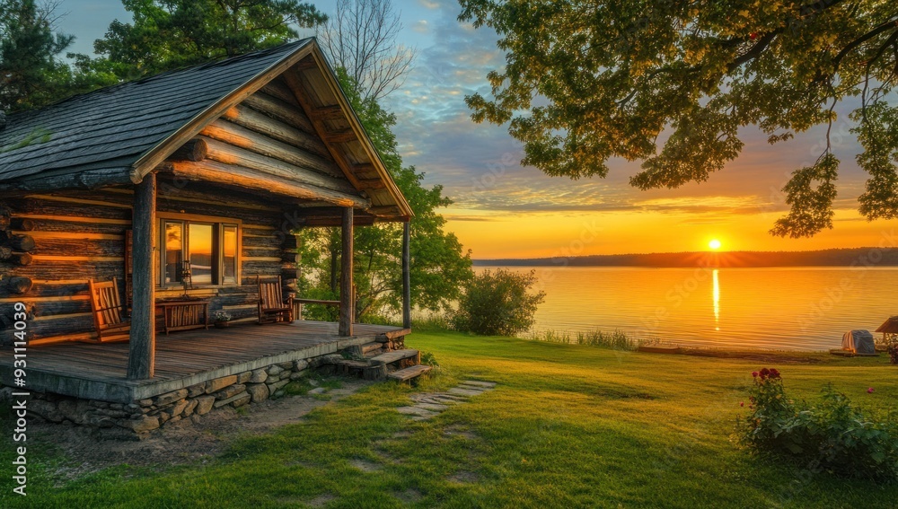 log cabin with porch and lake in background sunset log cabin with porch and lake in background sunset