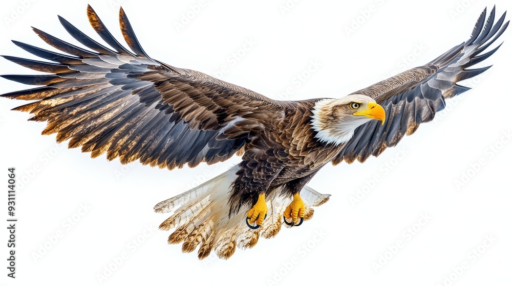 Obraz premium Create a detailed graceful side view of a soaring 100 eagle, bird, cartoon, animal, nature, wildlife, wild, flying, vector, illustration, hawk, wings, fly, wing, white, bald eagle, isolated, sky, ba