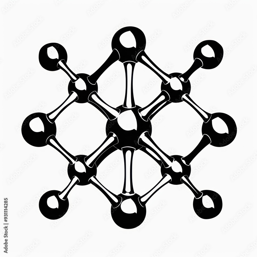 Black and white illustration of a molecule structure. Black and white illustration of a molecule structure.