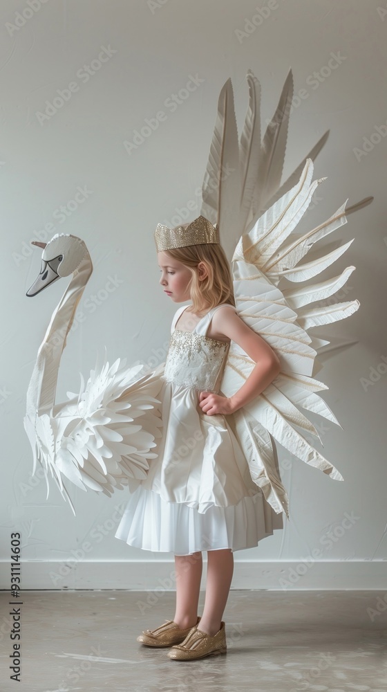 Young Girl Dressed in Whimsical Swan Costume with Feathered Wings Young Girl Dressed in Whimsical Swan Costume with Feathered Wings