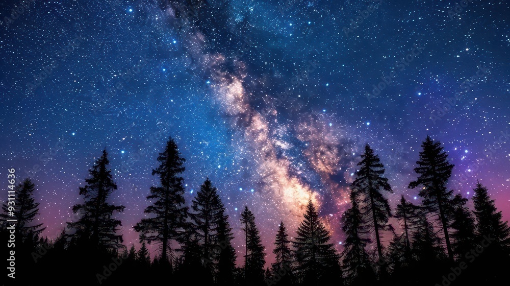 The Milky Way galaxy over a dark forest, with silhouettes of tall trees, astrophotography, Milky Way, forest night The Milky Way galaxy over a dark forest, with silhouettes of tall trees, astrophotography, Milky Way, forest night