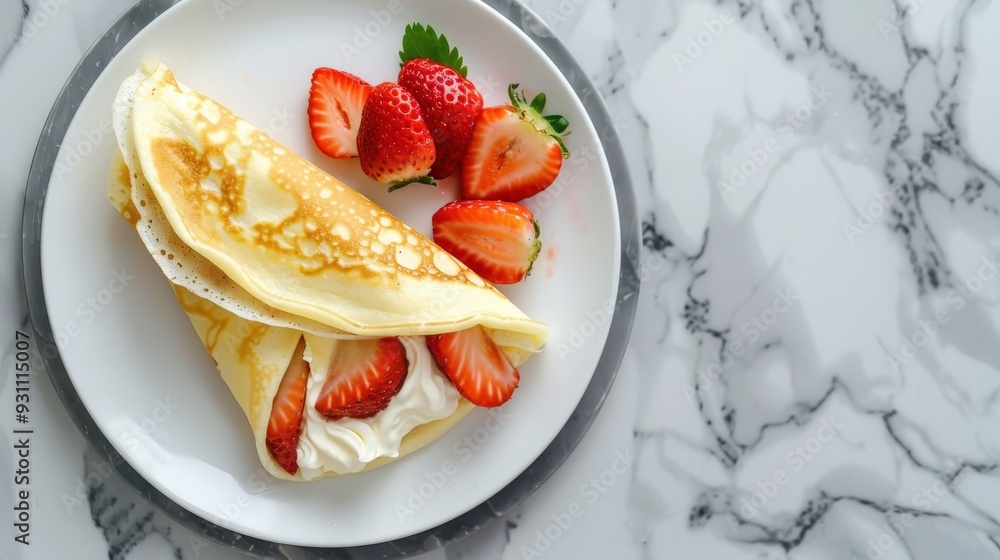 Close-Up Top View of Creamy Crepe with Fresh Strawberry Slices on Marble Close-Up Top View of Creamy Crepe with Fresh Strawberry Slices on Marble