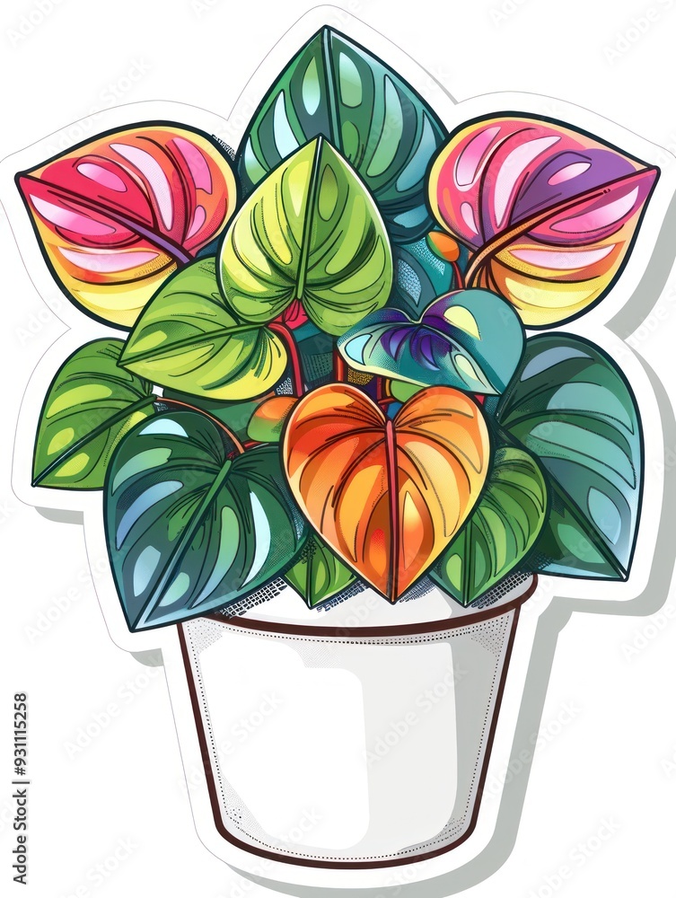 Obraz premium Colorful houseplant with large leaves in a white pot.
