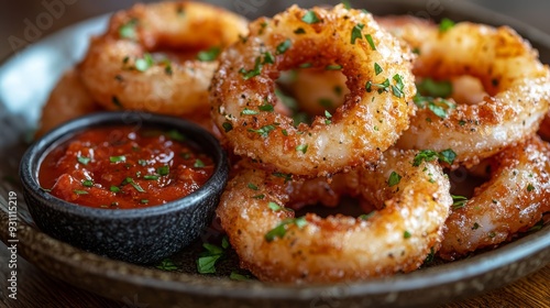 Fried calamari rings with a side of marinara sauce 365 food, fried, meal, snack, sweet, plate, chicken, delicious, fish, onion, sauce, meat, dish, cuisine, rings, closeup, dinner, white, isolated, lu