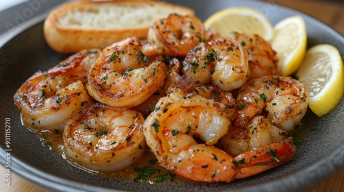 Garlic butter shrimp served with a side of garlic 372 food, meat, fried, meal, chicken, dinner, dish, plate, cuisine, potato, sauce, fish, pork, seafood, cooked, grilled, delicious, healthy, gourmet