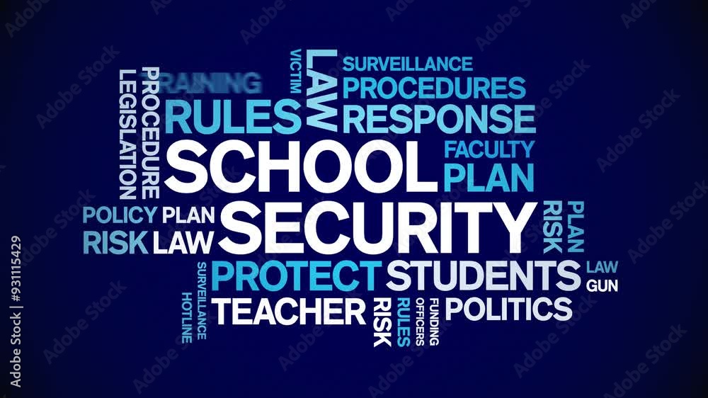 School Security animated word cloud;text design animation tag kinetic typography seamless loop. School Security animated word cloud;text design animation tag kinetic typography seamless loop.
