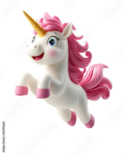 Majestic Cartoon Unicorn Joyfully Leaping in Magical Forest on White