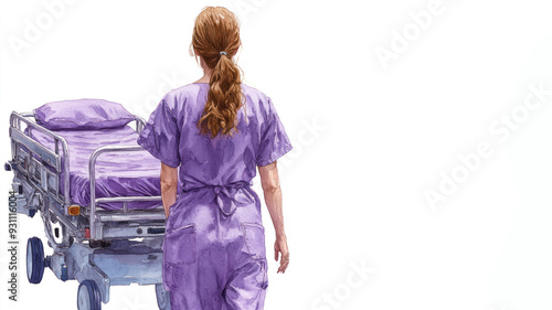 Purple watercolor painting of a nurse with gurney stretcher bed